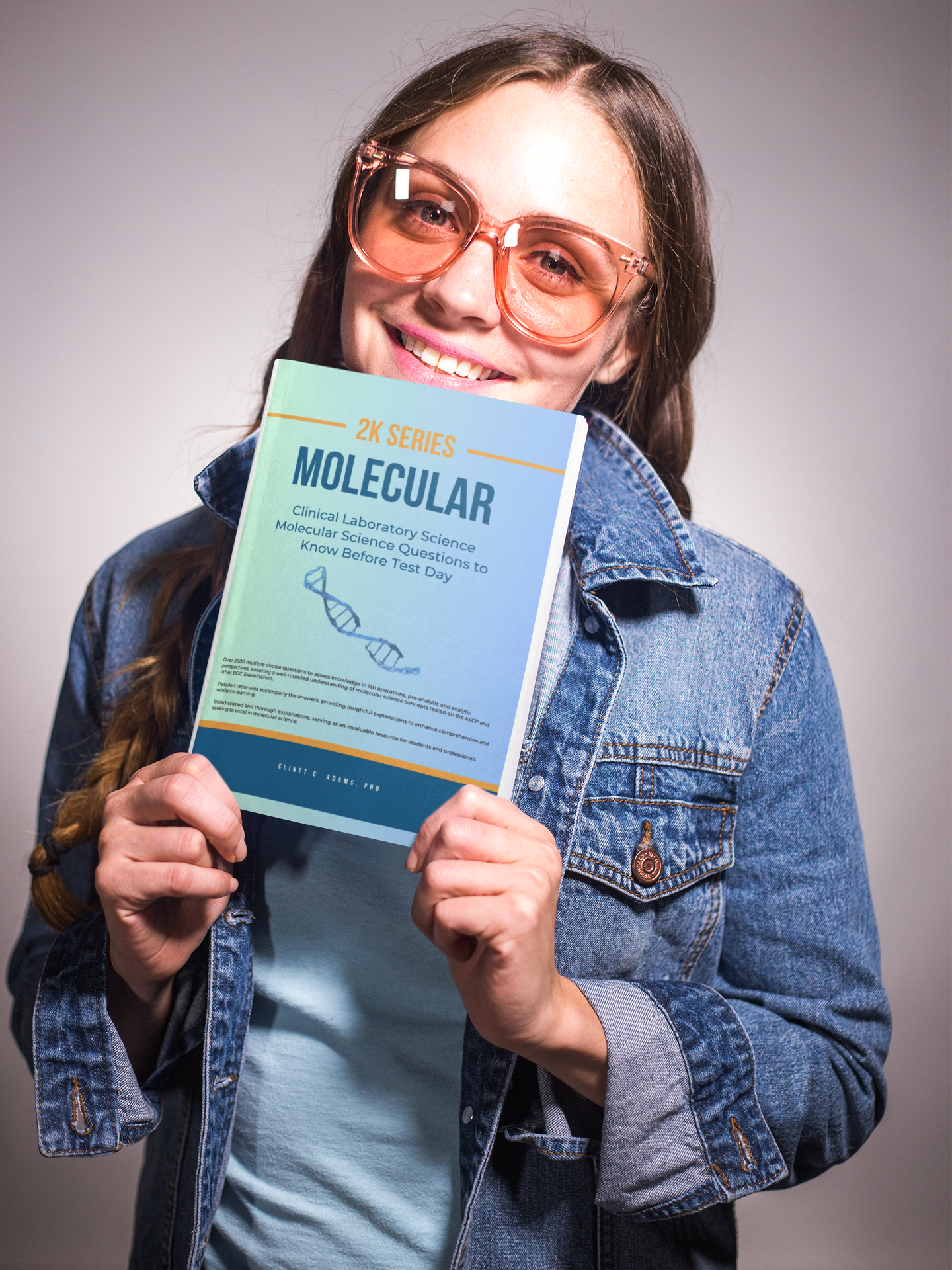 a woman is holding a book titled 2K Series - Molecular Clinical Laboratory Science Questions to Know Before Test Day